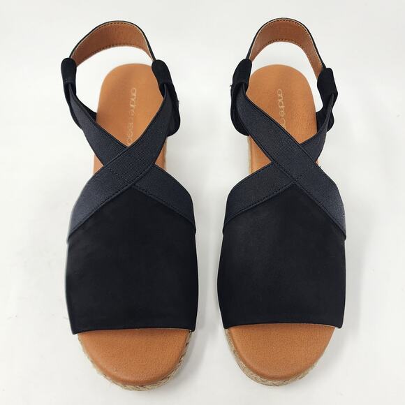 Andre Assous Wedge Sandal Women 7.5M Nalik Black Suede Braid Open Toe Espadrille - Picture 3 of 10